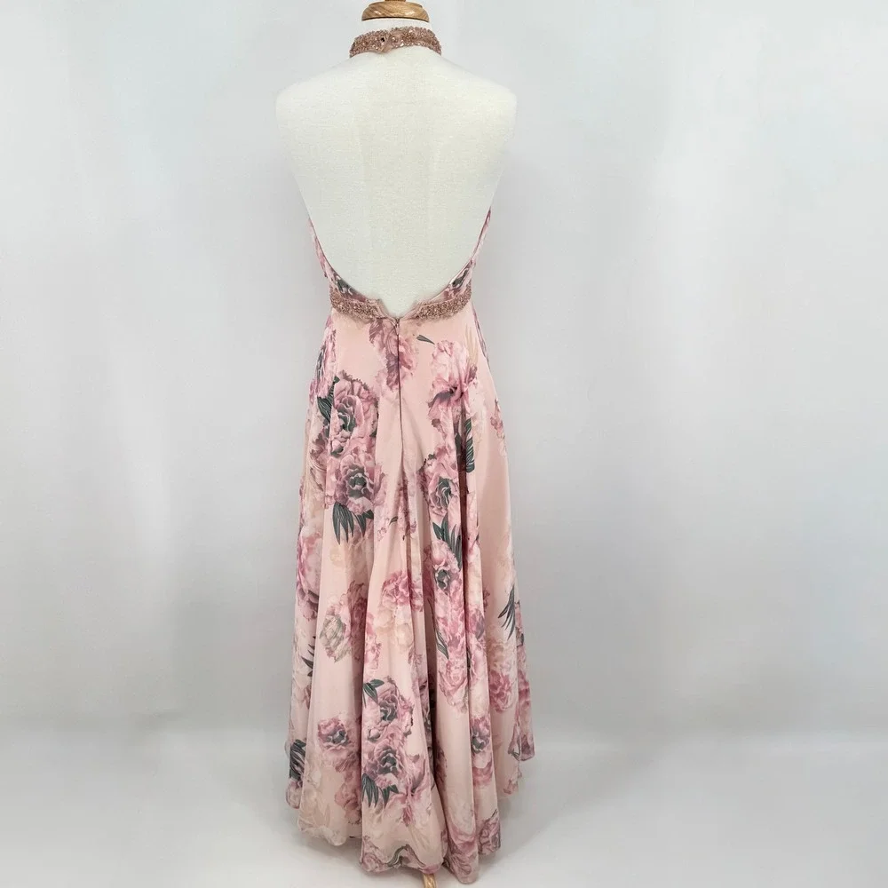Morilee Prom Dress Pink Floral Beaded Halter Open Back Gown Size 4 99038 - Picture 7 of 16